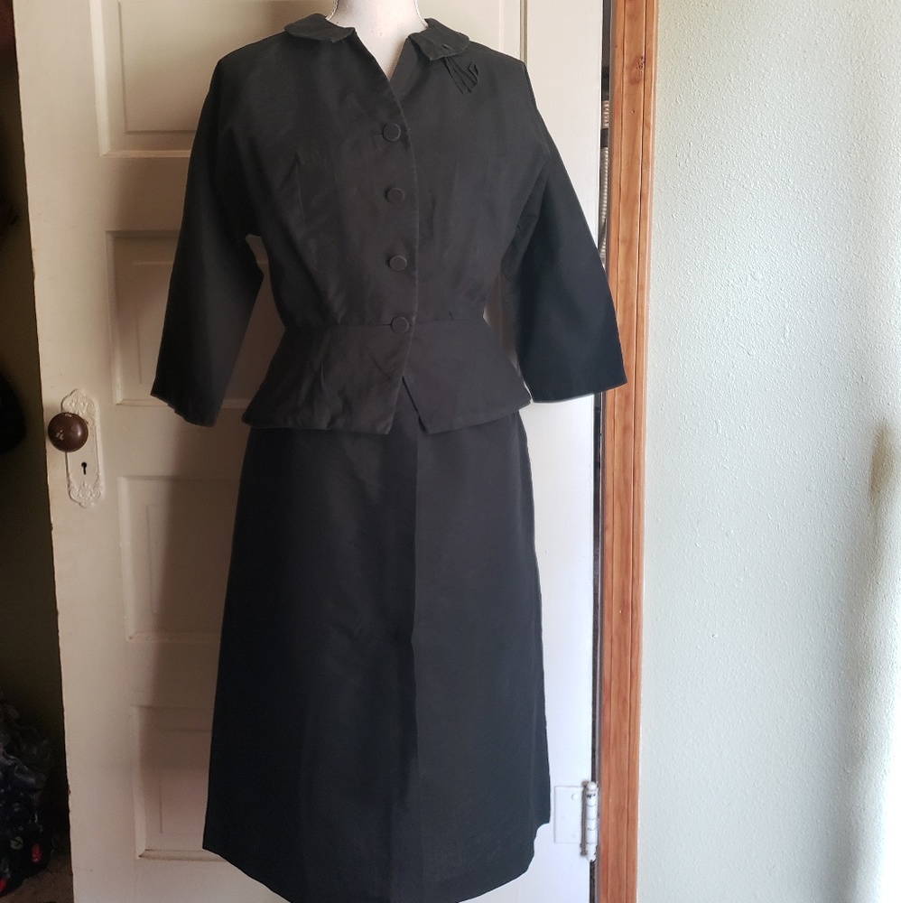 (SOLD) Black 1950s Peplum Cotton 2 piece suit